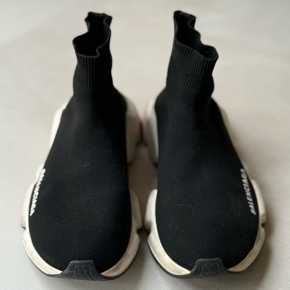 Balenciaga Black Sock-Style Knit Sneakers with White Sole